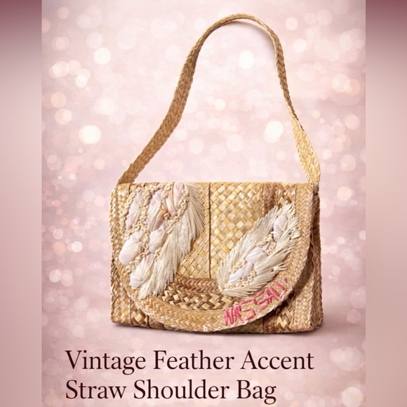 Vintage Woven Straw Shoulder Bag Feather Accents Excellent Condition Coastal main image 1